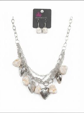 paparazzi Silver-Tone Multi-Chain Necklace with Cream Stone & Heart Charms